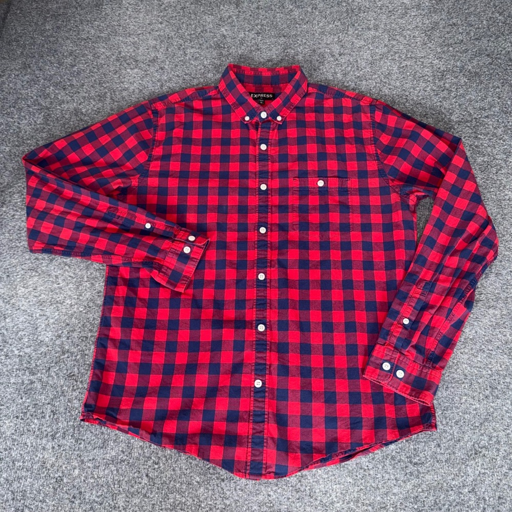 Express Mens Red Navy Blue Buffalo Plaid Cotton Button Down Shirt Large Casual